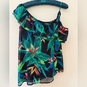 a.n.a Black One-Shoulder Ruffle Camisole with Green Tropical Print